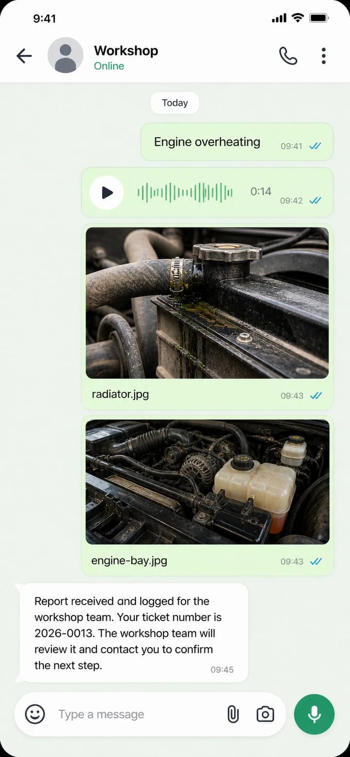 Workshop WhatsApp-style intake chat showing a vehicle overheating report and ticket acknowledgement